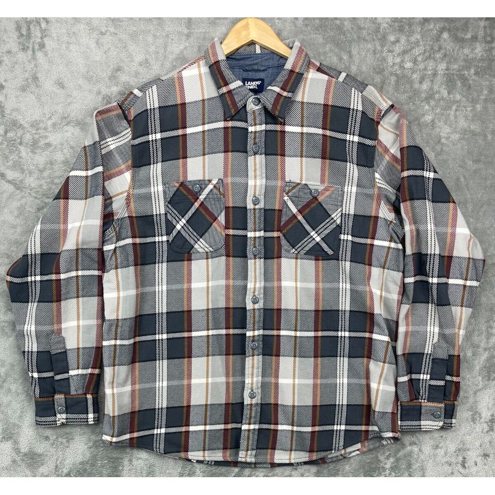 Lands End Flannel Men's‎ Shirt Jacket XL Red Plaid Traditional Fit